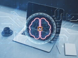Close up of laptop on desk with coffee cup and creative digital brain hologram with circuit on blurry background. Artificial intelligence and machine learning concept. Double exposure.