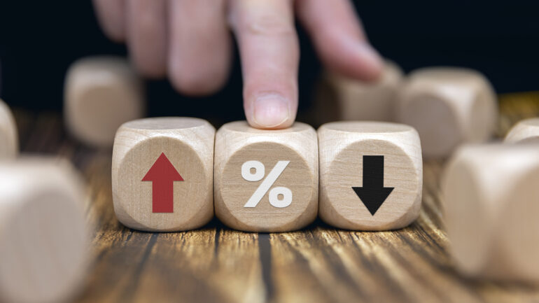 percentage to UP and Down arrow symbol icon. Interest rate, stocks, financial, ranking, mortgage rates and Cut loss concept