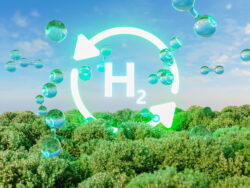 Hydrogen H2 icon symbol with molecules on green forest backgroun