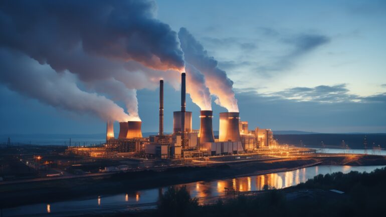 Energy power plant at dusk, industrial silhouette.