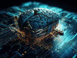 Glowing circuit board, complex cyborg brain design generated by AI