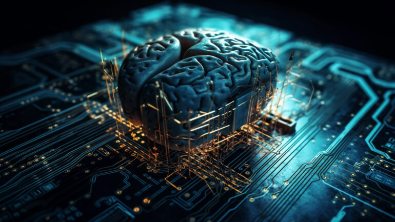 Glowing circuit board, complex cyborg brain design generated by AI