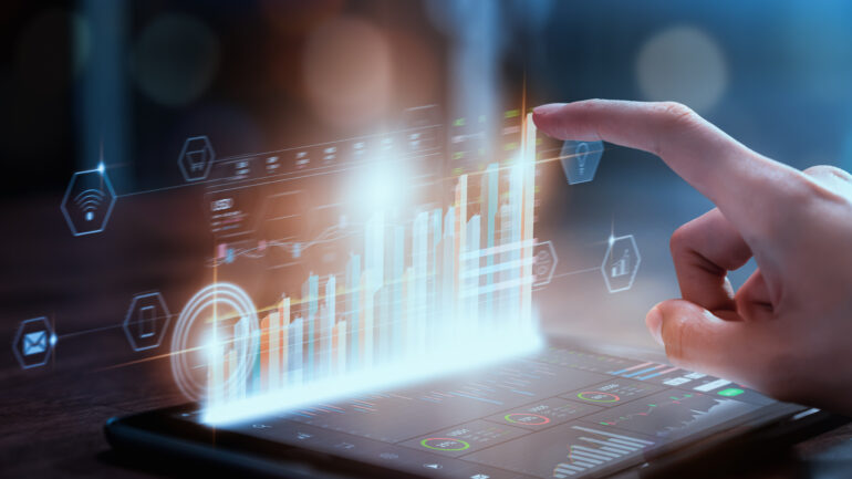 Stock exchange market concept, businesswoman hand trader press digital tablet with graphs analysis candle line on table in office, diagrams on screen.