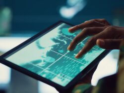 Army soldier reviews targets on satellite world map to ensure global protection
