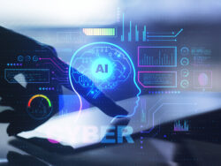 Close up of backlit hand using tablet with abstract glowing AI head interface on blurry background. Artificial intelligence and cyberspace concept. Double exposure.