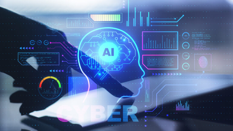 Close up of backlit hand using tablet with abstract glowing AI head interface on blurry background. Artificial intelligence and cyberspace concept. Double exposure.