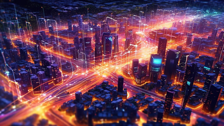 Smart city and abstract line and dot connect