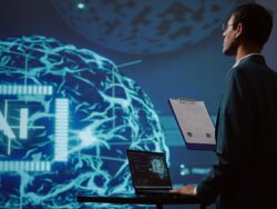 Startup employee looking over business charts, using AI software