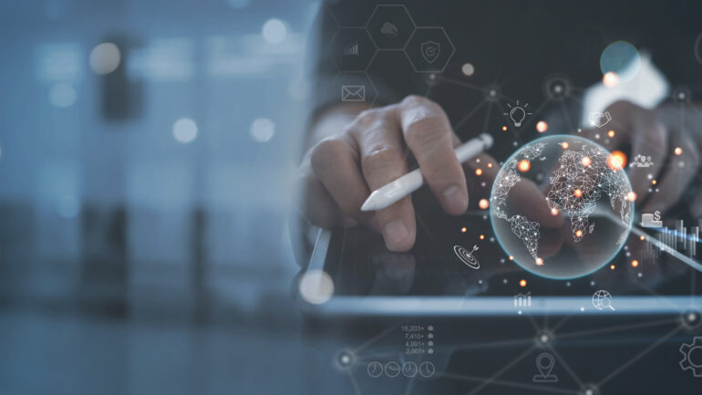 Businessman working on digital tablet computer with global internet network connection technology,  digital marketing, business intelligence