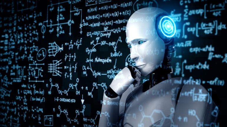 Thinking AI humanoid robot analyzing screen of mathematics formu