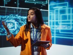 Public speaker doing presentation at tech forum event